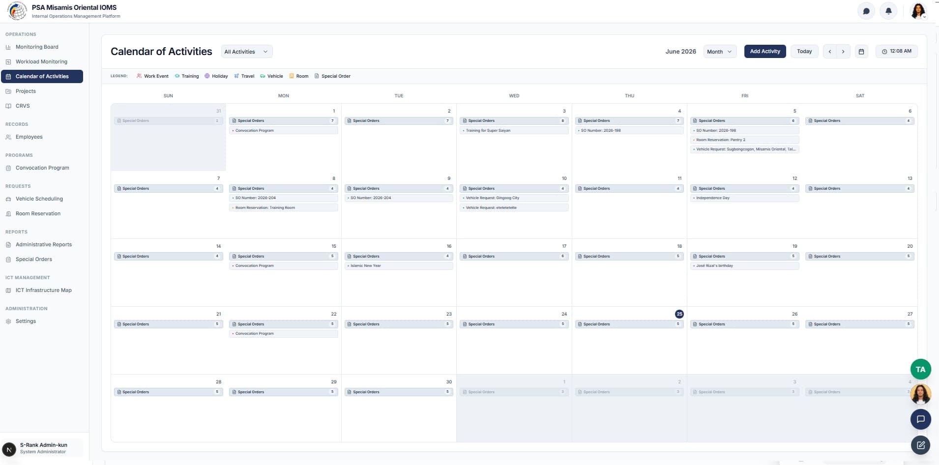 Calendar of Activities